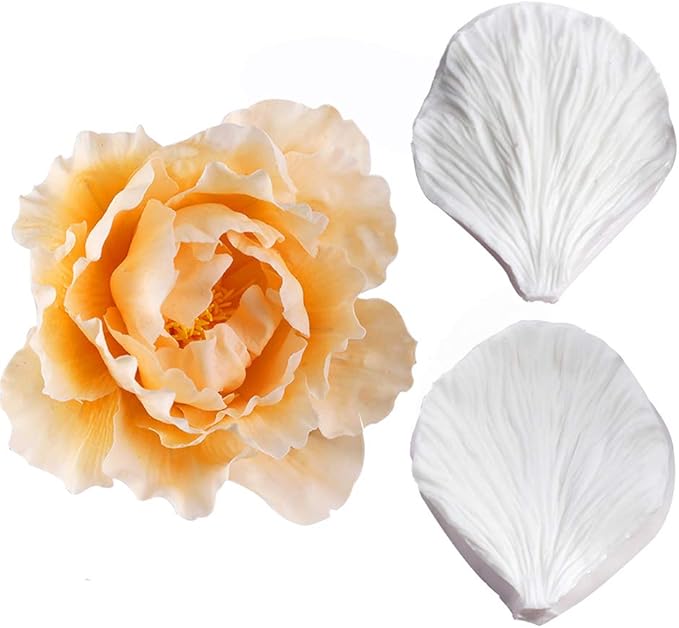 KALAIEN 5pcs Stainless Steel Peony Cutter 2pcs Fondant Silicone Mold Gumpaste Peony Sugarcraft Flower Veining Mold Veiner Petal Making Tool