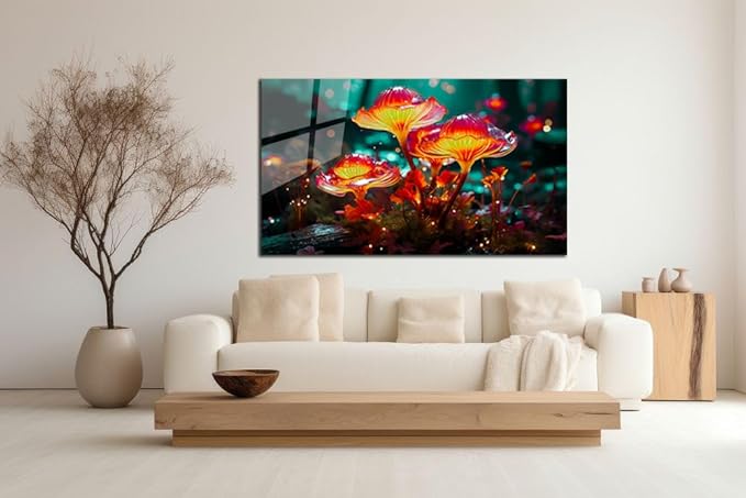 SpiritualHands Fantastic Mushrooms Glass Wall Art Oil Painting for Living Room, Tempered Glass Modern Prints Decor, Large Vivid Color Panel for Bedroom, Kitchen, or Office
