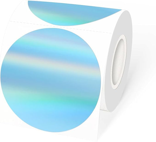 3" Holographic Direct Thermal Label Stickers, Round Printable Rainbow Glitter Thermal Printer Sticker Labels for Gift Wrapping, Self-Adhesive DIY Custom Logo Design- Holographic Blue