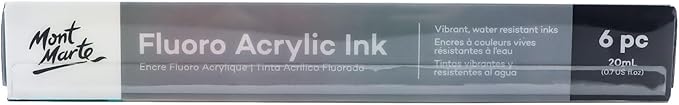 Mont Marte Acrylic Ink Premium 6pc x 20ml (0.7 US fl.oz), Acrylic Inks for Artists, Fluoro Colors, Ideal for Air Brush, Pouring Art, Scrapbooking, Ink Drawing, Mixed Media