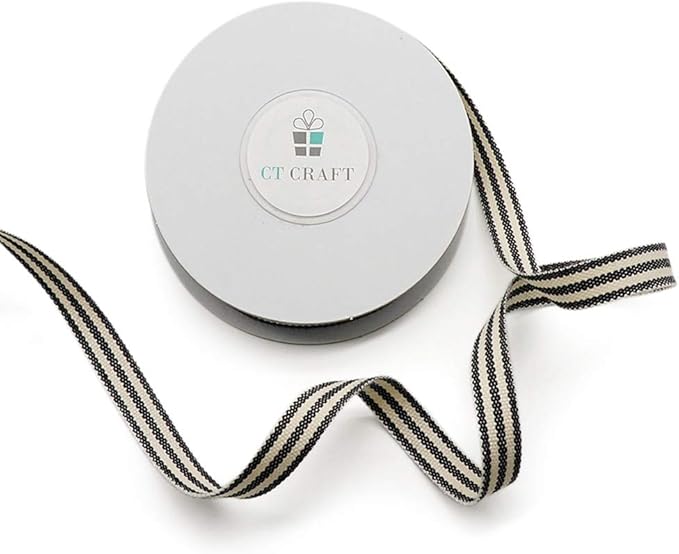 CT CRAFT LLC Ivory Cotton Black Stripes Ribbon 3/8" x 10 Yards for Home Décor Gift Present Wrapping DIY Crafts Birthday Wedding Bouquet Christmas