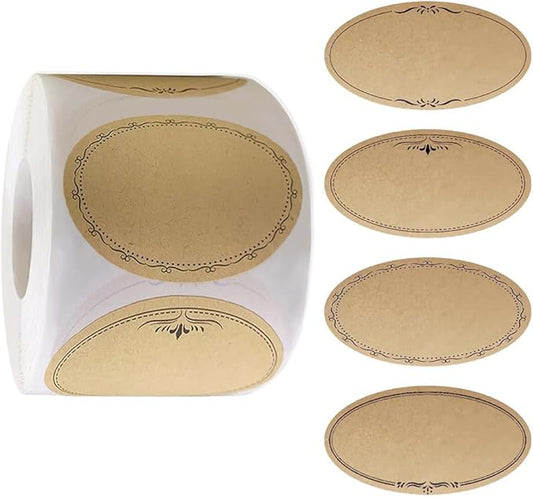 HAHIYO 1.4 * 2.5In 500P Oval Brown Kraft Stickers with Artistic Border - 4 Unique Styles Blank Kraft Labels Roll to Write On Durable Dot Stickers for Jar Canning Labels Price Tags Store Organizing