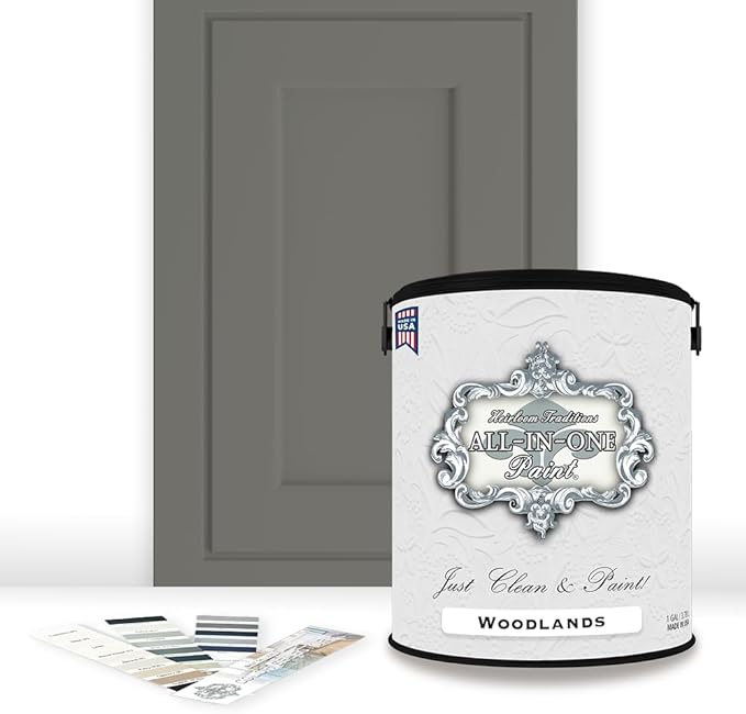 ALL-IN-ONE Paint, Durable cabinet and furniture paint. Built in primer and top coat, no sanding needed. Includes our 30 featured color card - Woodlands (muted, earthy, mossy green), Gallon