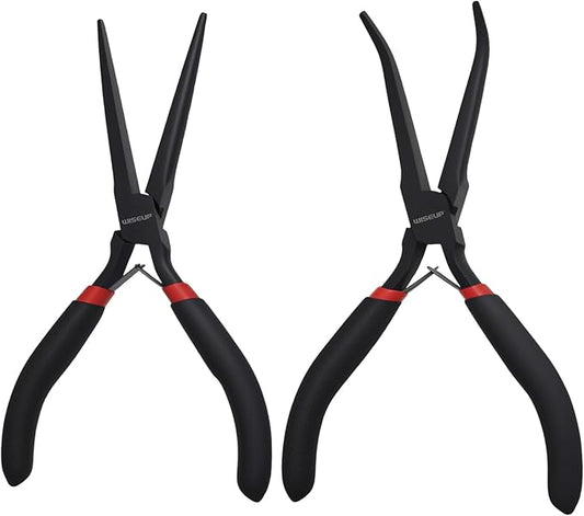 WISEUP 6" Mini Needle Nose Pliers Set，2-Piece Small Long Reach Bent Needle Nose Pliers for Jewelry DIY Craft，Repair & Wire Wrapping
