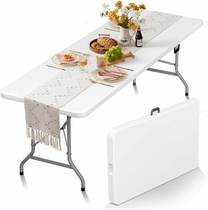 HLPB Folding Table Picnic Table, 8 ft Portable Camping Table with Handle and Safety Locks, Foldable Table Plastic Dining Table Indoor Outdoor for Camping, Picnic and Party