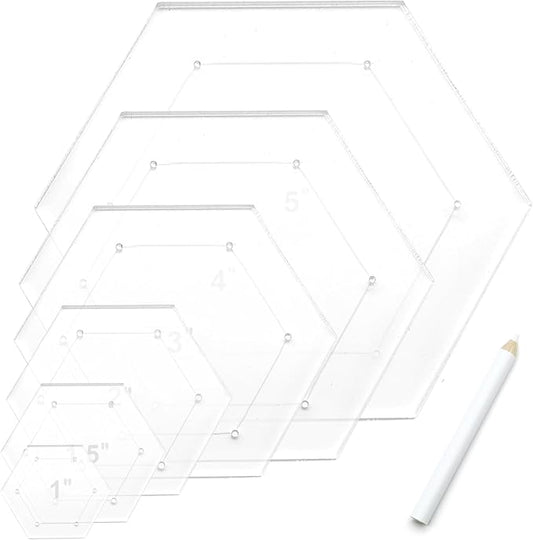 7 Pieces Hexagon Quilting Template with Tailors Chalk Pencil,Acrylic Quilting Rulers Templates with 1/4 Seam Allowance for DIY Sewing Crafts Including 1 Inch,1.5 Inch,2 Inch,3 Inch,4 Inch,5 Inch