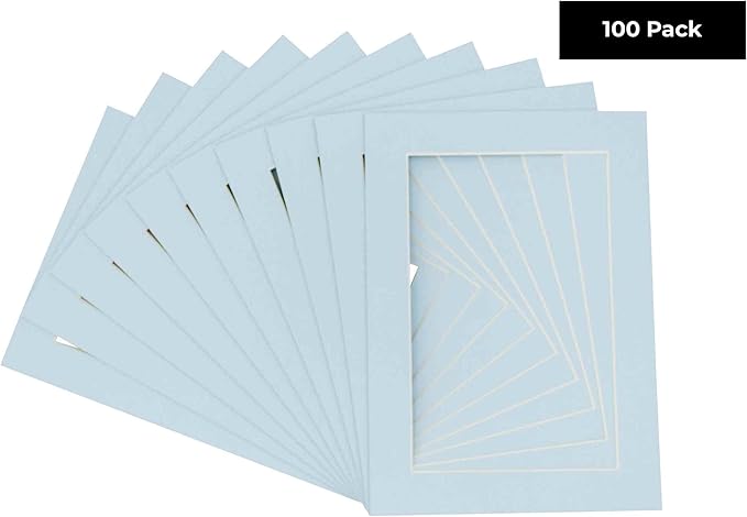 6x8 Mat for 8x10 Frame - Precut Mat Board Acid-Free Show Kit with Backing Board, and Clear Bags Baby Blue 6x8 Photo Matte Made to Fit a 8x10 Picture Frame Matboard for Framing, Pack of 100 Mats
