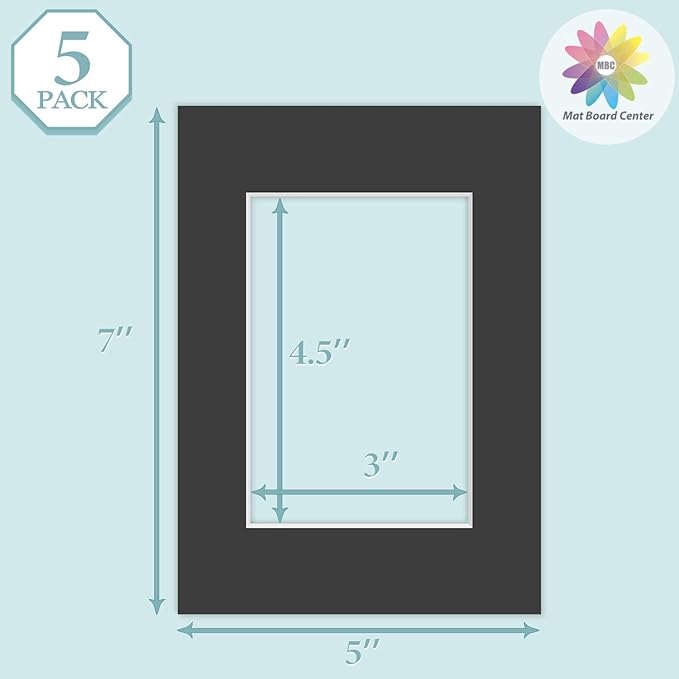 MBC MAT BOARD CENTER, 5 Pack 5x7 for 3.5x5 Black Picture Mats Frame Mattes, Bevel Cut, Acid Free, 4-ply Thickness