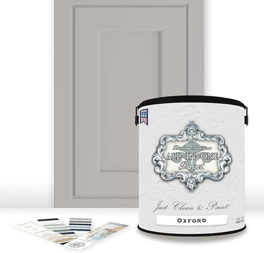 ALL-IN-ONE Paint, Durable cabinet and furniture paint. Built in primer and top coat, no sanding needed. Includes our 30 featured color card - Oxford (neutral gray), Gallon