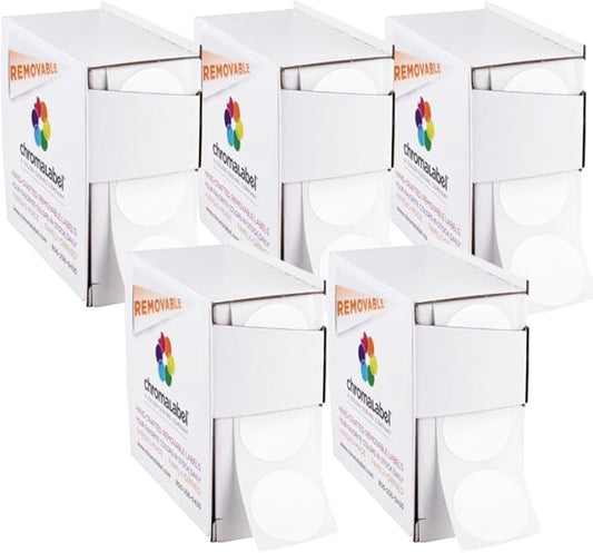 ChromaLabel 1 Inch Circle Sticker Labels, Easy to Write On Round Colored Stickers, Removable Sticky Dots - 1000 Dot Label Stickers per Dispenser Box, White Sticker Labels - Case of 5