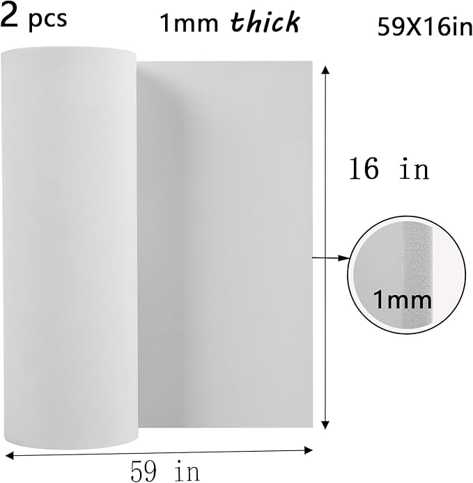 AMZQNART 2Pcs EVA Foam 1mm, Cosplay Foam 16x59 inch White, High Density 90 kg/m³, for Craft Projects Cosplay Costumes, Fake Weapons, Decorations, Christmas, Easter, Thanksgiving, etc.