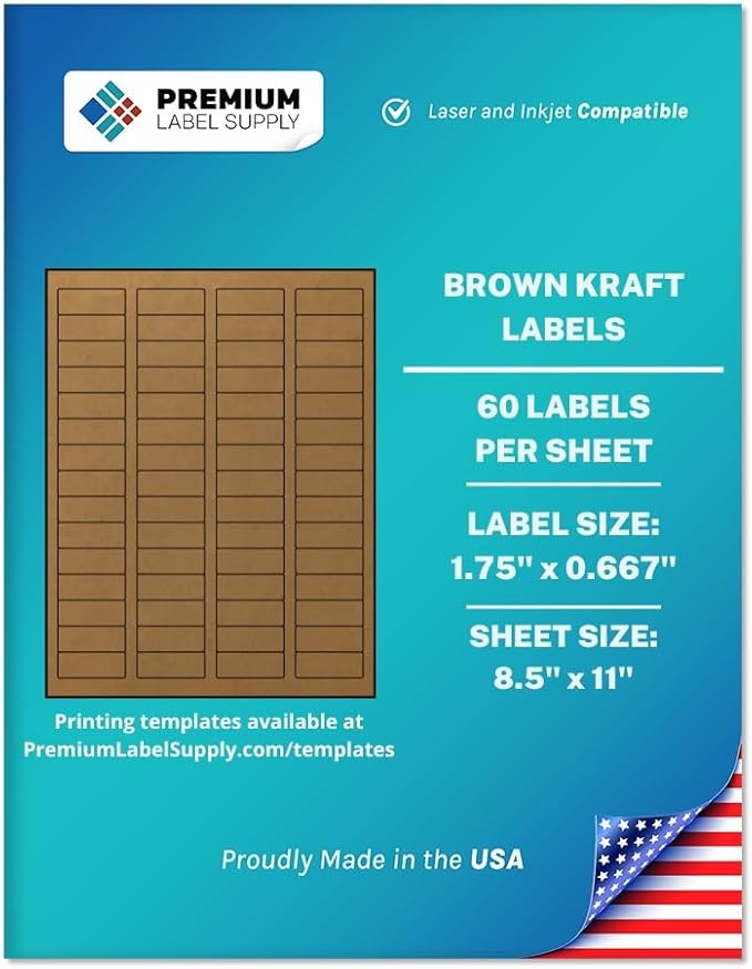 Premium Label Supply Brown Kraft Sticker Labels – 1.75" x 0.667" – Laser/Inkjet Compatible – (60 per Sheet), 1000 Sheets – 60,000 Total Adhesive Labels