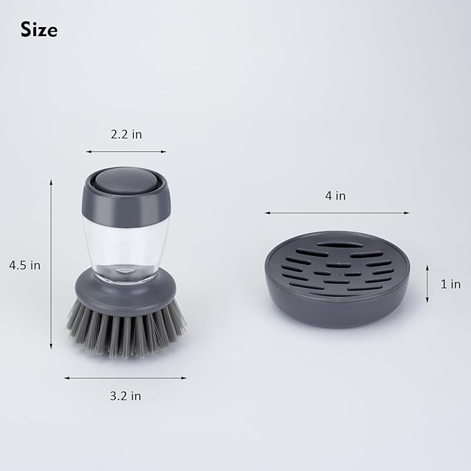 Dish Brush with Soap Dispenser, Kitchen Scrub Brush for Dishes Pots Pans Sink Cleaning, Dish Scrubber with Holder Set (Grey Handle & Nylon Bristles)