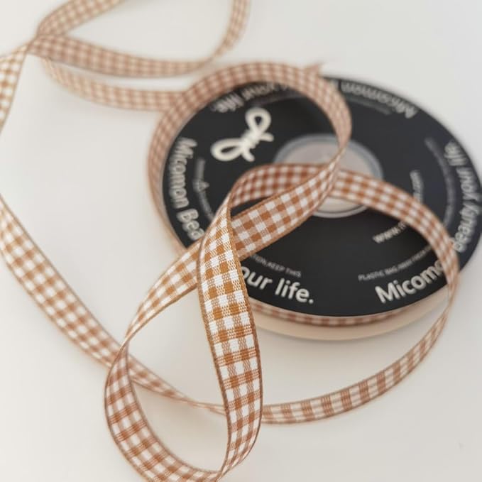 Micomon Khaki and White Woven Edge Plaid Ribbon 100% Polyester Gingham Ribbon 25 Yards Each Roll (3/8"Khaki)