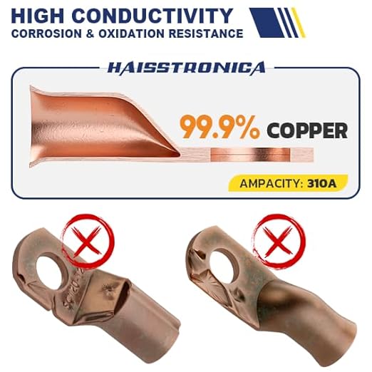 haisstronica 10pcs 3/0 AWG - 5/16"(M8) Tinned Copper Battery Lugs