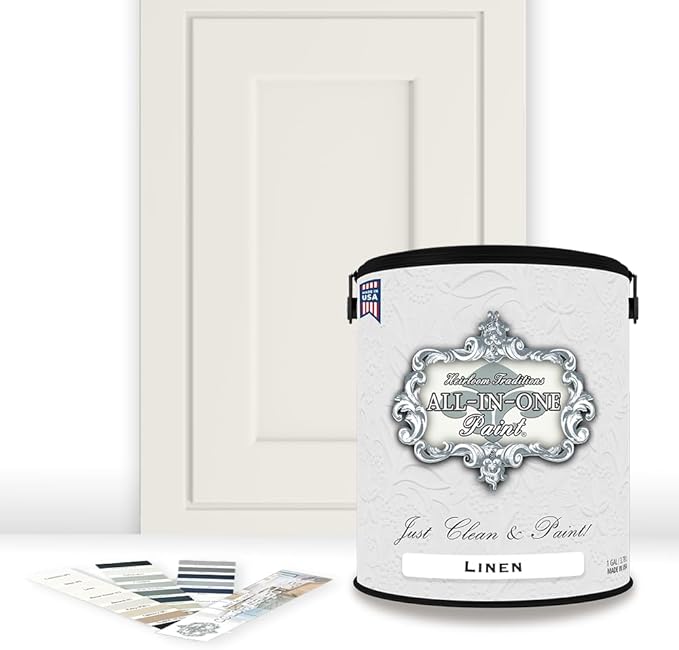 ALL-IN-ONE Paint, Durable cabinet and furniture paint. Built in primer and top coat, no sanding needed. Includes our 30 featured color card - Linen (off-white), Gallon