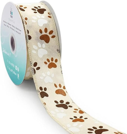 CT CRAFT LLC Ivory Canvas Dog Paw Wired Ribbon 1.5 Inch x 10 Yards for Christmas Home Decor Tree Topper Bow Gift Wrapping DIY Crafts Wreath Garland