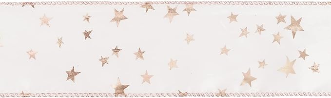 MEEDEE Rose Gold Star Satin Wired Ribbon - 2.5 Inch Pink Wedding Ribbon - 25 Yards Roll Christmas Decor