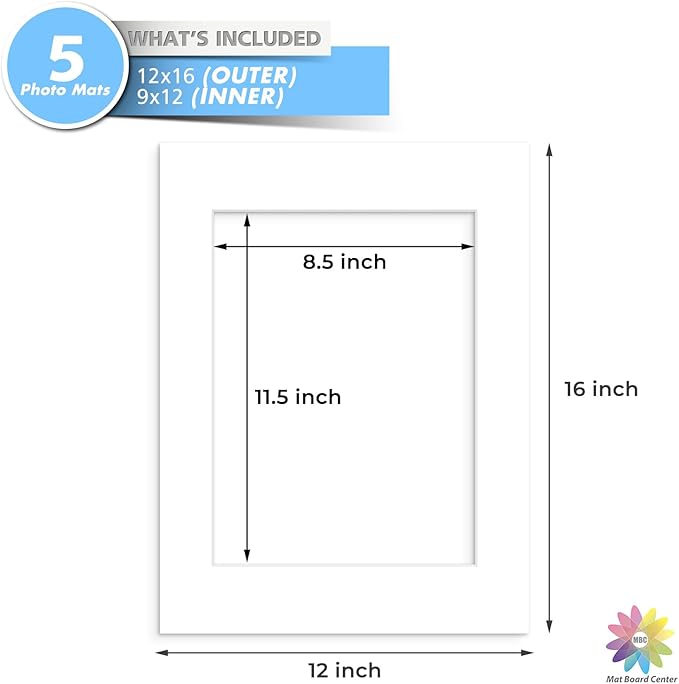 MBC Mat Board Center, 5 Pack 12x16 for 9x12 White Picture Mats Frame Mattes, Bevel Cut, Acid Free, 4-ply Thickness