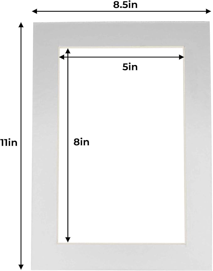 5.5x8.5 Mat for 8.5x11 Frame - Precut Mat Board Acid-Free Metallic Silver 5.5x8.5 Photo Matte for a 8.5x11 Picture Frame, Matboard for Family Photos, Show Kits, Art, Picture Framing, Pack of 1 Mat