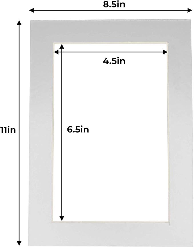 5x7 Mat for 8.5x11 Frame - Precut Mat Board Acid-Free Show Kit with Backing Board, and Clear Bags Metallic Silver 5x7 Photo Matte For a 8.5x11 Picture Frame Matboard for Framing, Pack of 10 Mats