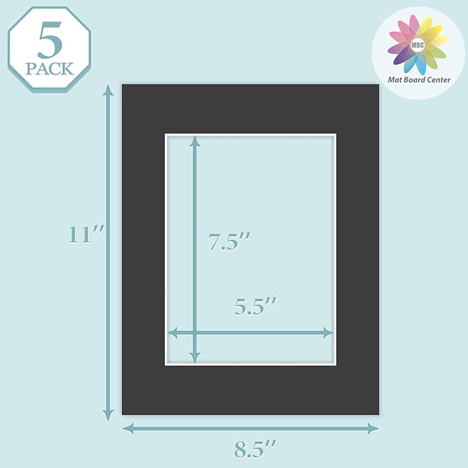 MBC Mat Board Center, 5 Pack 8.5X11 for 6X8 Black Picture Mats Frame Mattes, Bevel Cut, Acid Free, 4-Ply Thickness