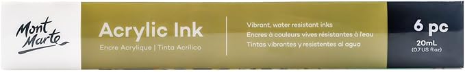 Mont Marte Acrylic Ink Premium 6pc x 20ml (0.7 US fl.oz), Acrylic Inks for Artists, Essential Colors, Ideal for Air Brush, Pouring Art, Scrapbooking, Ink Drawing, Mixed Media