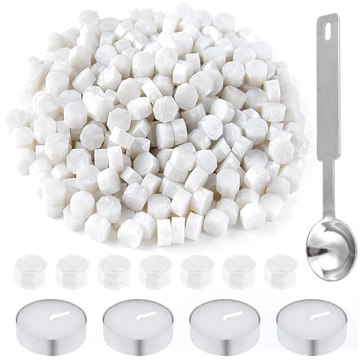 500 Pcs White Wax Seal Beads Set - Octagon Sealing Wax With 4 Tea Candles and 1 Melting Spoon for Crafts, Letters, Wine, Greeting Cards