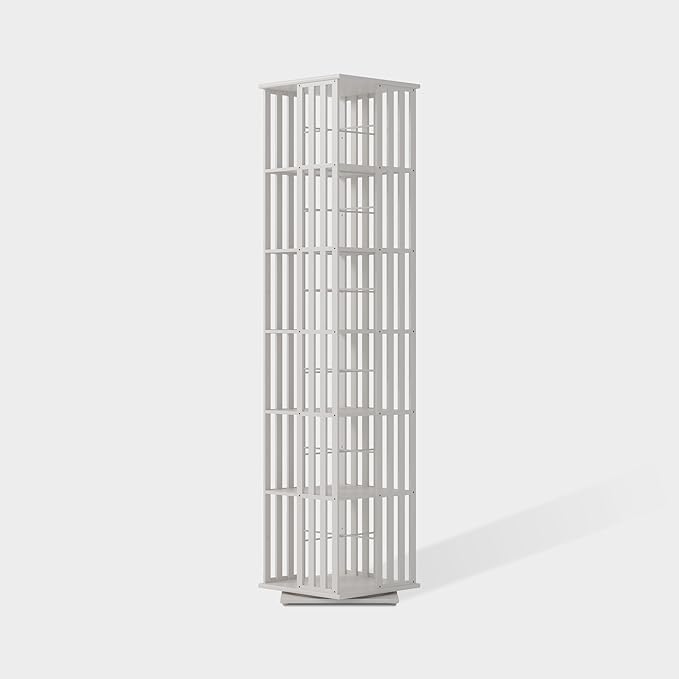 YOWOS Rotating Bookshelf Tower, 360 Display Spinning Bookcase, Bamboo Bookshelf Floor Standing Storage Rack, Wood Narrow Book Shelf Organizer for Kids&Adults (White, 6 Tier)