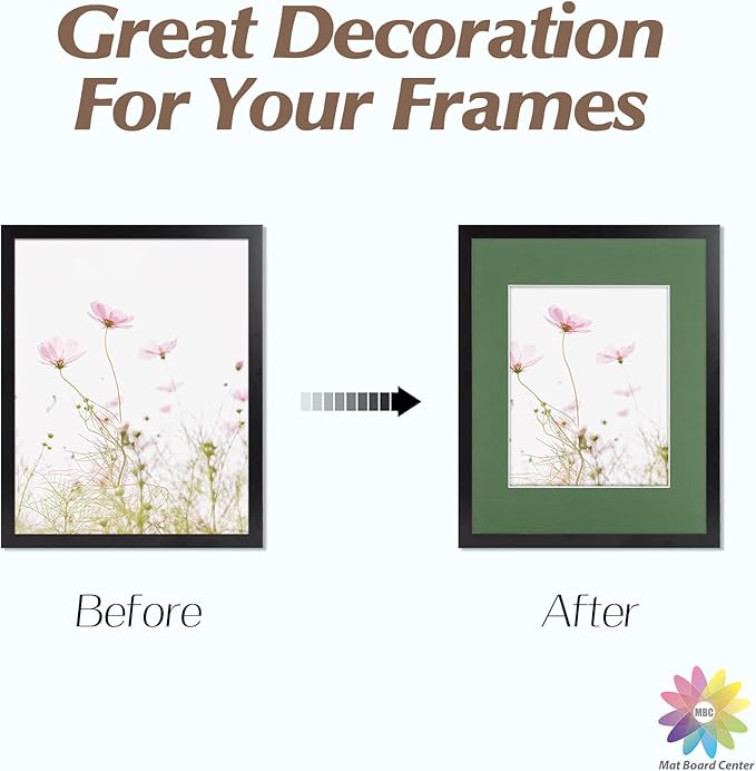 Mat Board Center, Pack of 10, 11x14 for 8x10 Basque Green Color Mats - Bevel Cut, Acid Free, 4-ply Thickness, White Core - for Pictures, Photos, Framing