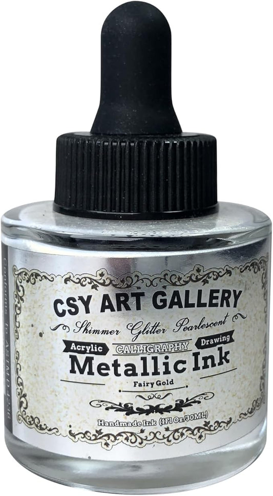CSY Art Gallery Metallic Acrylic Paint Set-1-oz (30 ml) -Liquid Inks-Golden Permanent Calligraphy Ink for Artists,Canvas, Rocks,Wood, Fabric,Ceramic(Fairy Gold)