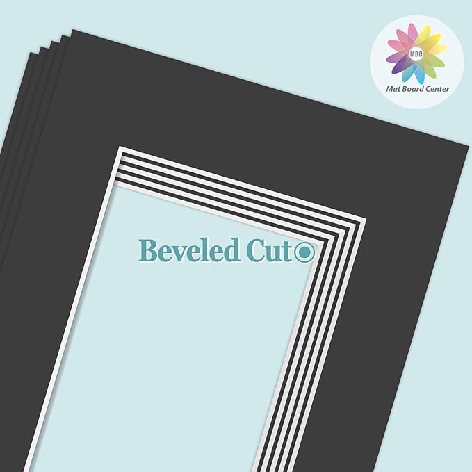 MBC Mat Board Center, 5 Pack 11X14 for 8X12 Black Picture Mats Frame Mattes, Bevel Cut, Acid Free, 4-Ply Thickness