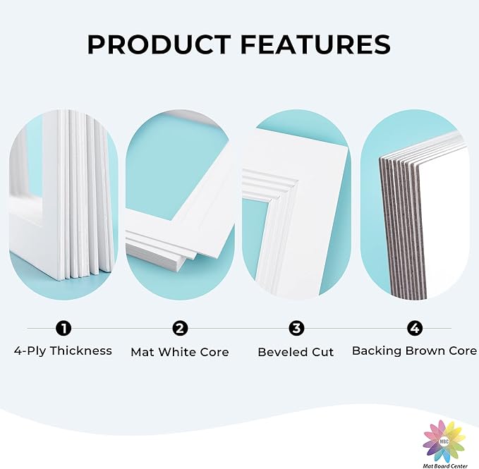 Mat Board Center, Pack of 25, 11x14 for 8x10 White Picture Mat Sets - Acid Free, 4-ply Thickness, Bevel Pre-Cut White Core - Includes Backing Boards and Clear Bags - for Pictures, Photos, Framing