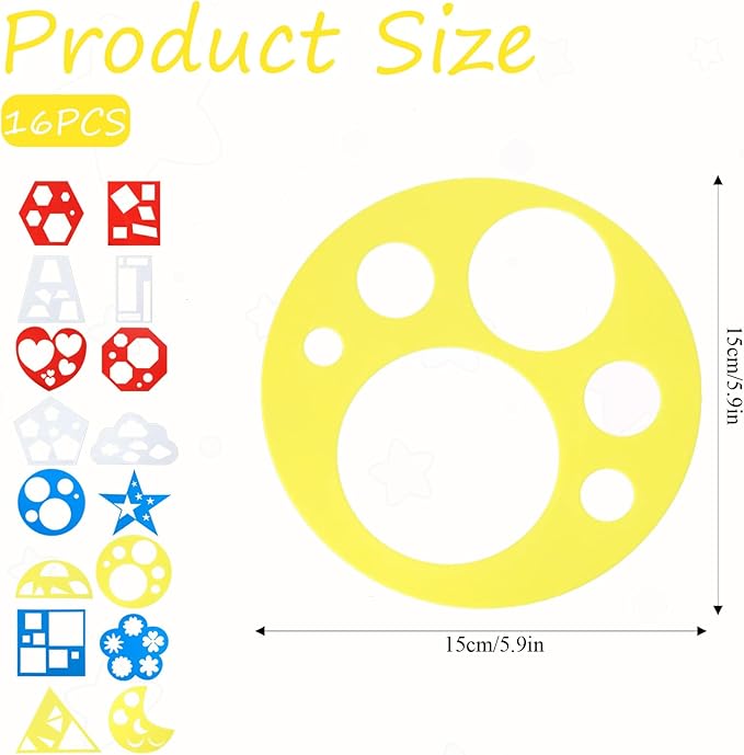 16 PCS Geometric Stencils Template for Kids Children Shapes Drawing Stencils Colorful Simple Drawing Art Painting Template for DIY Craft Toddlers Preschooler Learning Tool (Multicolor, 5.9x5.9 Inch)