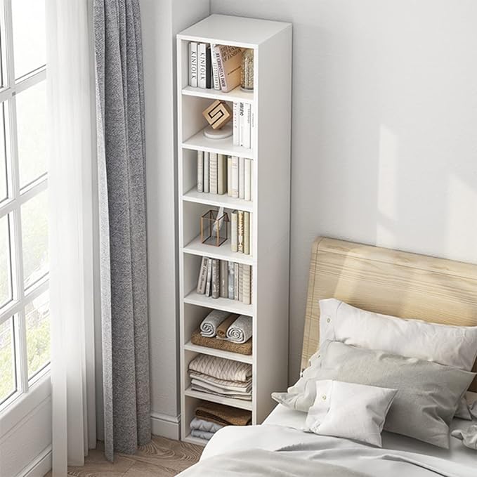 IOTXY Small Narrow Corner Bookcase - 71 Inches Tall Gap Freestanding Storage Cabinet, 7 Lattices Open Shelves Tower Rack with Door, Cubes Bookshelf in White