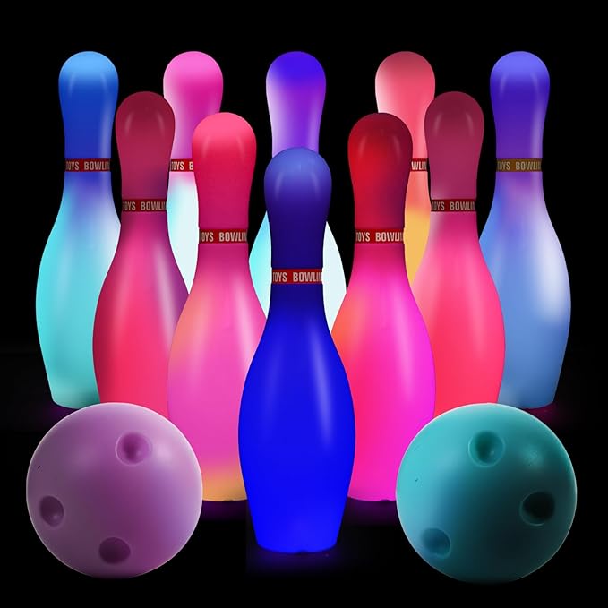 Light Up Bowling Set, Glow in The Dark Bowling Balls & Pins for Outdoor and Indoor Kids Games Fit Christmas Birthday Party Lawn Yard Carnival Games, Kids Education Motor Skills Toys