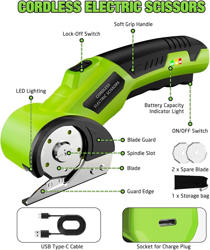 Cordless Electric Scissors：4V Rechargeable Cardboard Cutter, 3 Blades, Safety Lock & LED Light, Box Cutter for Carton Carpet Plastic Fabric Leather (Green)