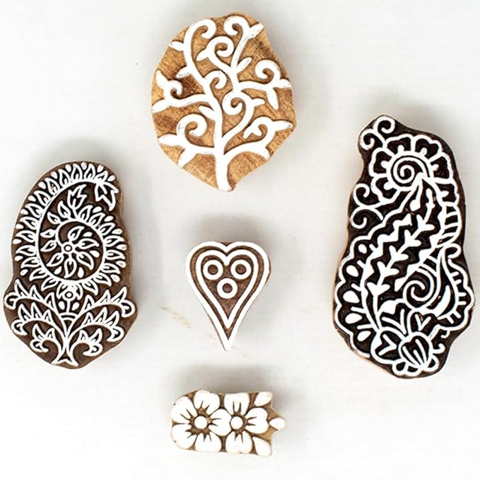 Floral Design Wooden Stamp Block for Printing - Handcarved Printing Stamps for Scrapbooking/Fabric Textile/Clay/Pottery Craft/Tattoo (Set of 5) Hashcart®