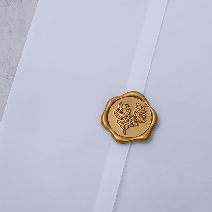 UNIQOOO 50 Sets Pre-Folded Vellum Jackets for 5x7 Invitation & Gold Eucalyptus Wax Seal Stickers, Wedding Invitations Wraps Bulk for Wedding Bridal Baby Shower Envelopes