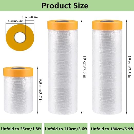 Pre-Taped Masking Film-22inx65ft Tape and Drape Painters Plastic Rolls, Plastic Painting Film for Automotive Painting Covering,Protective Drop Film for Furniture, Car, Floor (6rolls, 22in×65ft)