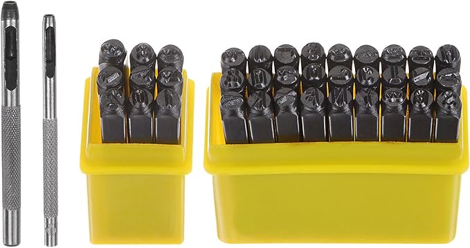 HARFINGTON 36pcs Metal Stamping Kit 5/32" (4mm) (A-Z, 0-8, "&" Symbol) Steel Letter Punch Press Tool with Hole Punch to Stamp on Metal, Plastic, Wood, Leather, Black