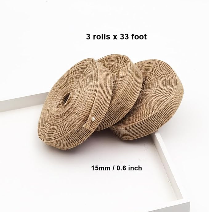 INSPIRELLE 3 Rolls 0.6 Inch Natural Burlap Fabric Roll 99 Feet Jute Lined Ribbon for Gift Wrapping Craft Projects Wedding Decoration Home Decoration 15mm