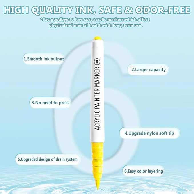 Water Based Acrylic Paint Markers, 9 Colors Acrylic Paint Pens Set with Soft Brush Tip, Marker Pen for Rock Painting, Egg, Wood, Glass, Paper, Mugs, Acrylic Painter Ink (Advanced Gray)