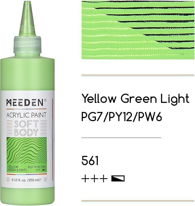 MEEDEN Soft Body Acrylic Paint: Yellow Green Light Matte Finish - 250ml/8.45oz Bulk Acrylic Colors in Ergonomic Bottle - Fluid Flow Art Paints for Artists Canvas Painting