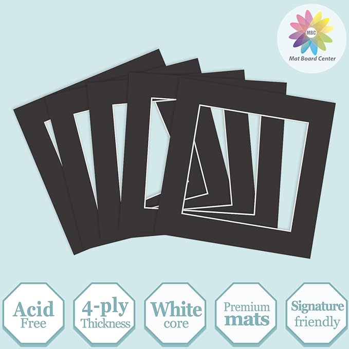 MBC Mat Board Center, 5 Pack 8x8 for 6x6 Black Picture Mats Frame Mattes, Bevel Cut, Acid Free, 4-ply Thickness