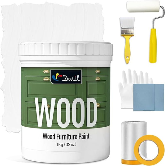 DWIL Matte Finish Furniture Paint - 32 Oz Wood Paint for Cabinets, Doors, Tables, and Dressers Refinishing - Water-Based, Non-Toxic & Odorless, Easy to Apply(White)-With Tools