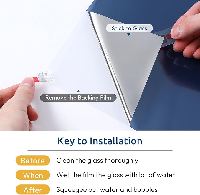 rabbitgoo Window Privacy Film One Way Window Tint for Home, Removable Reflective Heat Sun Blocking Anti UV Glass Door Covering, Mirror Tinting Film House Office, 35.4 in X 6.5 Feet, Blue Silver
