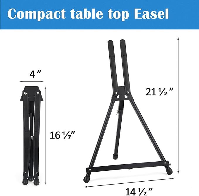 Falling in Art Aluminum 15" to 21" Tabletop Easel Display, Black Tripod with Rubber Feet, Holds Canvas, Paintings, Books, Photos, Signs