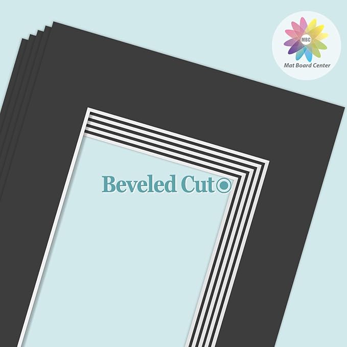 MBC Mat Board Center, 5 Pack 12x16 for 8.5x11 Black Picture Mats Frame Mattes, Bevel Cut, Acid Free, 4-ply Thickness