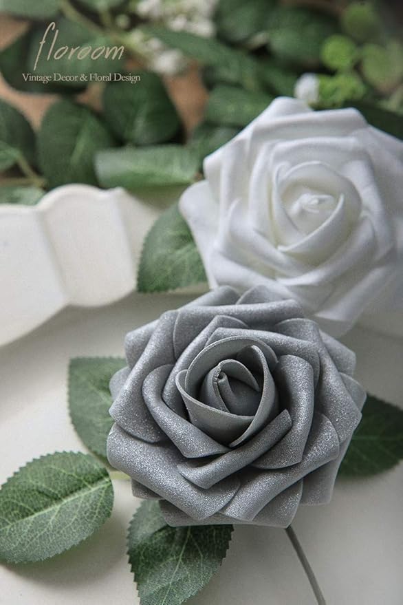 Floroom Artificial Flowers 25pcs Real Looking Shimmer Silver Grey Foam Fake Roses with Stems for DIY Christmas Ornaments Wedding Bouquets Party Tables Centerpieces Floral Arrangements Home Decorations